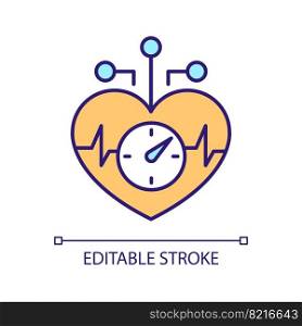 Heartbeat measurement RGB color icon. Control heart health. Monitoring patient condition. Cardiology examine. Isolated vector illustration. Simple filled line drawing. Editable stroke. Arial font used. Heartbeat measurement RGB color icon