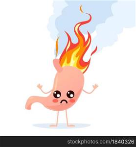 Heartburn and ulcer concept. Burning stomach. Human body part with red fire flame. Inflammatory organ character with sad face, stomach ache symptom healthcare vector cartoon flat isolated illustration. Heartburn and ulcer concept. Burning stomach. Human body part with red fire flame. Inflammatory organ with sad face, stomach ache symptom healthcare vector cartoon flat isolated illustration