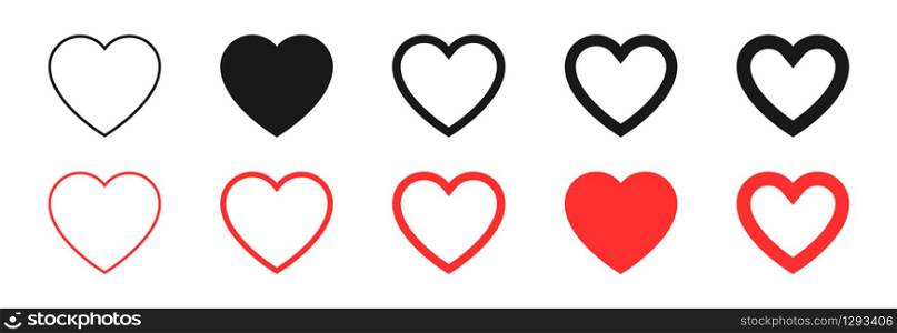 Hearts collection. Hearts in linear and flat design, isolated on white background. Thin to thick line hearts. Love logo. Valentines day signs or symbols. Vector illustration