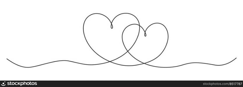 Hearts continuous one line drawing. Double heart curve line. Vector illustration isolated on white. 