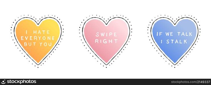Hearts. Cute hearts in different colors with inscriptions. Hand-drawn hearts. Vector illustration