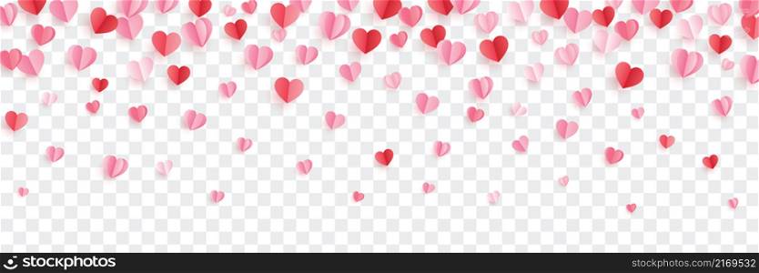 Hearts flying isolated on transparent background. Valentine background with hearts falling.