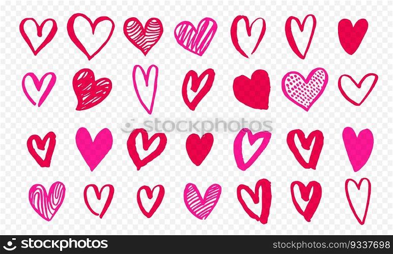 Hearts icons hand drawn for Valentines Day, Save the Date or wedding invitation greeting card design. Vector Valentines love pink red marker highlighter hearts isolated on transparent background