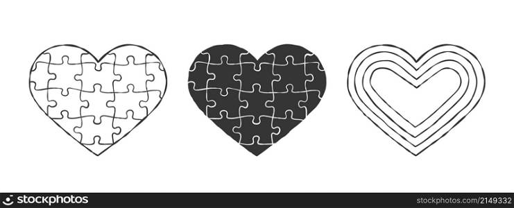 Hearts icons. Hearts with texture puzzle. Hand-drawn hearts. Vector illustration