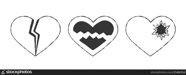 Hearts icons set. Cute black broken hearts. Hand-drawn hearts. Vector illustration