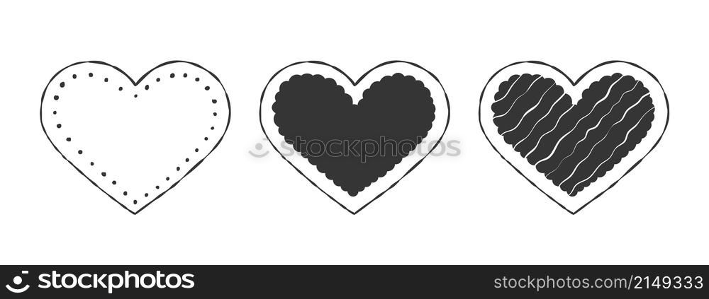 Hearts icons set. Cute black hearts. Hand-drawn hearts. Vector illustration