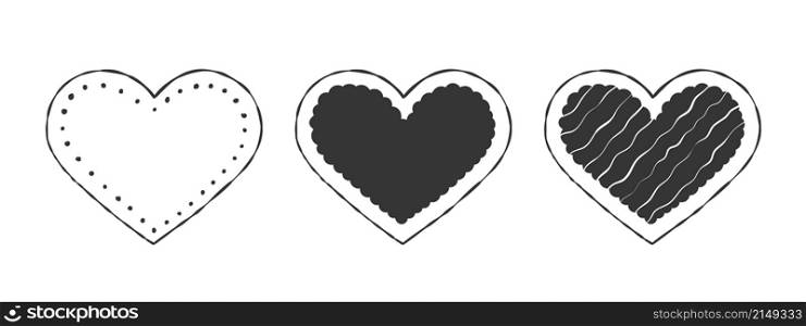Hearts icons set. Cute black hearts. Hand-drawn hearts. Vector illustration