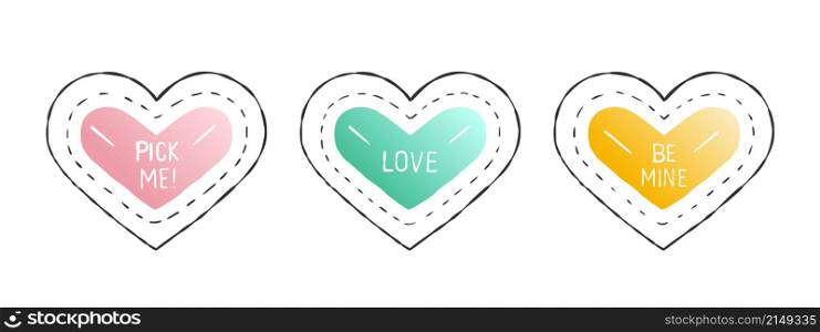Hearts icons set. Cute hearts with different inscriptions. Hand-drawn hearts. Vector illustration
