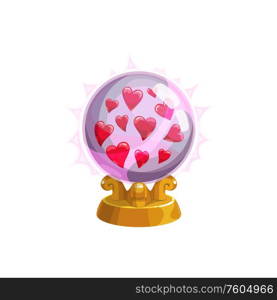 Hearts in crystal ball, Valentine day and wedding RSVP party symbol. Vector isolated shiny love hearts in magic crystal ball on golden stand. Valentine day and wedding, hearts in crystal ball