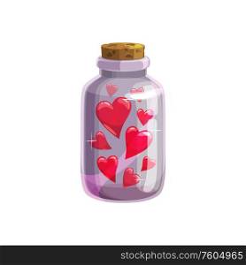 Hearts in jar, Valentine day and wedding RSVP party symbol. Vector isolated shine sparkling love hearts flying in mason jar with cork cap. Valentine day and wedding, hearts in glass jar