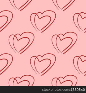 Hearts line art seamless vector pattern. Background with red hearts hand drawn. Template for fabric and packaging