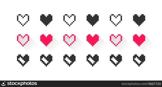 Hearts pixel icons set. Black and red pixel icons. Pixel art hearts on white background. Vector illustration