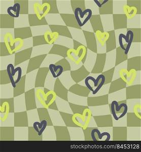 Hearts retro seamless pattern on trippy grid background. Geometric print for T-shirt, paper, fabric and stationery. Hand drawn vector illustration for decor and design.