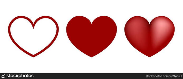 Hearts. Three Hearts in different design. Heart, isolated. Valentines day concept. Love. Vector illustration