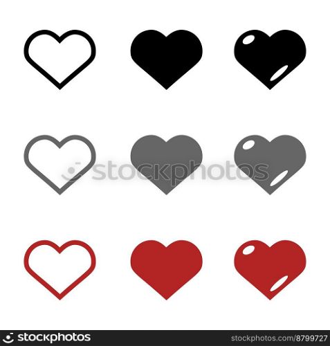 Hearts, vector icons. Set of vector icons hearts in black, red and gray.