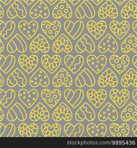 Hearts vector yellow and gray seamless pattern for shirt, panties, underwear, bedding, blanket or pillow. Outline sketch background. Doodle textile. Wedding. Fashion design for Valentines day
