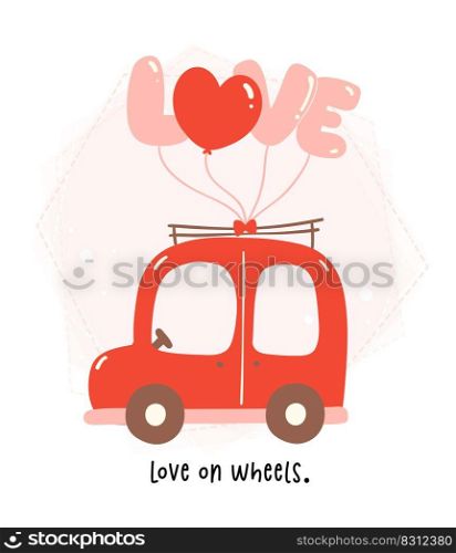 Heartwarming Valentine Cartoon. Cute Kawaii Car in Red and Pink Theme with Balloons, Heart, and Gift Box in Flat Design