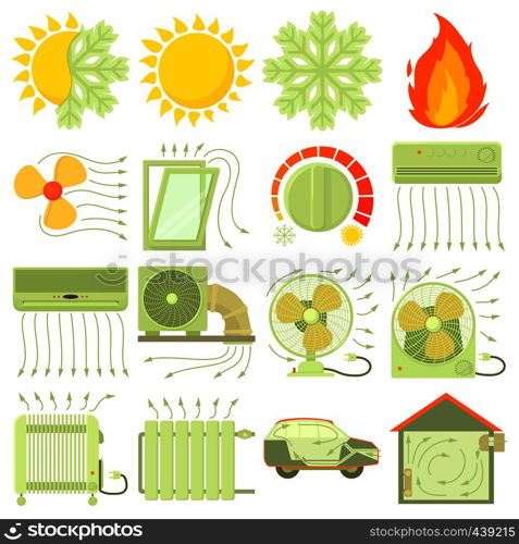 Heat cool air flow tools icons set. Cartoon illustration of 16 heat cool air flow tools vector icons for web. Heat cool air flow tools icons set, cartoon style