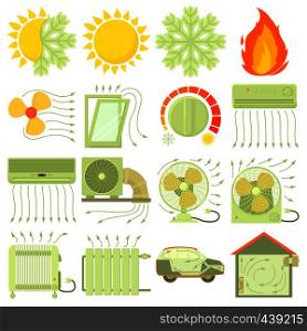 Heat cool air flow tools icons set. Cartoon illustration of 16 heat cool air flow tools vector icons for web. Heat cool air flow tools icons set, cartoon style