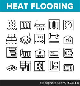 Heat Flooring Device Collection Icons Set Vector. Flooring Temperature Control Regulator And Equipment For Heating Room And House Concept Linear Pictograms. Monochrome Contour Illustrations. Heat Flooring Device Collection Icons Set Vector
