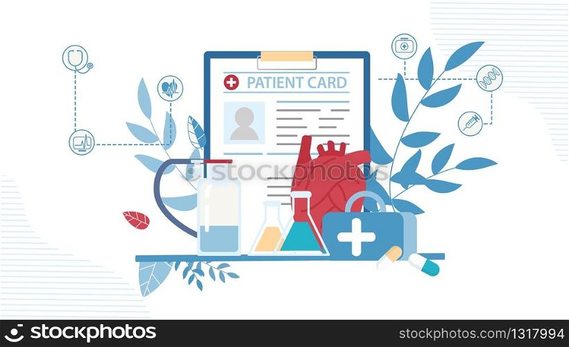 Heat for Transplantation, Patient Card with Analysis Results, Medication Case with Drugs and Pills, Test Jar and Flasks with Liquid Cartoon. Flat Medical Poster. Vector Cardiology Illustration. Patient Card, Medication Case, Test Jar and Flasks