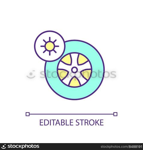 Heat impact on car tires RGB color icon. Risk of blowout. Wheel pressure. Driving safety. Isolated vector illustration. Simple filled line drawing. Editable stroke. Arial font used. Heat impact on car tires RGB color icon