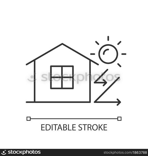 Heat insulation linear icon. House isolation from heat. Thermal insulation. Energy-efficient home. Thin line customizable illustration. Contour symbol. Vector isolated outline drawing. Editable stroke. Heat insulation linear icon