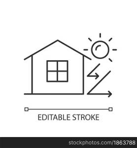 Heat insulation linear icon. House isolation from heat. Thermal insulation. Energy-efficient home. Thin line customizable illustration. Contour symbol. Vector isolated outline drawing. Editable stroke. Heat insulation linear icon