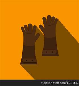 Heat resistant gloves for welding icon. Flat illustration of heat resistant gloves for welding vector icon for web on yellow background. Heat resistant gloves for welding icon, flat style