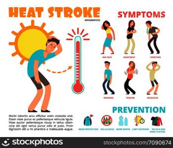 Heat stroke and summer sunstroke risk, symptom and prevention vector infographics. Sunstroke and infographic heatstroke, symptom and temperature illustration. Heat stroke and summer sunstroke risk, symptom and prevention vector infographics