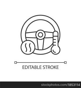Heated steering wheel linear icon. Providing comfort to driver. Keeping hands warm in car. Thin line customizable illustration. Contour symbol. Vector isolated outline drawing. Editable stroke. Heated steering wheel linear icon