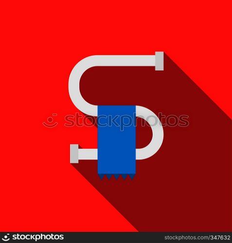 Heated towel rail with blue towel icon in flat style on a red background. Heated towel rail with blue towel icon, flat style
