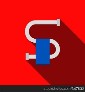 Heated towel rail with blue towel icon in flat style on a red background. Heated towel rail with blue towel icon, flat style