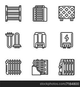 Heater icon set. Outline set of 9 heater vector icons for web design isolated on white background. Heater icon set, outline style