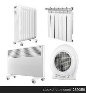 Heater Radiator Appliance Collection Set Vector. Wall Radiator And Electrical Oil-filled Device, Convector And Heat Fan Ventilator With Temperature Control. Concept Template Realistic 3d Illustrations. Heater Radiator Appliance Collection Set Vector