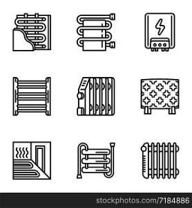 Heater radiator icon set. Outline set of 9 heater radiator vector icons for web design isolated on white background. Heater radiator icon set, outline style