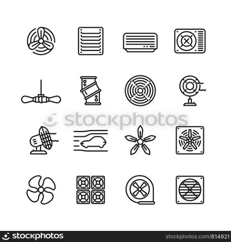 Heating and cooling airflow pictograms. Ventilation, airing filter, fan, blower, aerodynamics, turbine air vector icons. Illustration of airflow ventilator, fan ventilation, cooler equipment. Heating and cooling airflow pictograms. Ventilation, airing filter, fan, blower, aerodynamics, turbine air vector icons