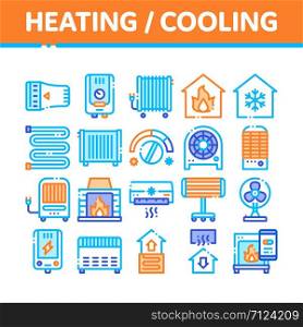 Heating And Cooling Collection Vector Icons Set Thin Line. Cool And Humidity, Airing, Ionisation And Heating Concept Linear Pictograms. Conditioning Related Color Contour Illustrations. Heating And Cooling Collection Vector Icons Set