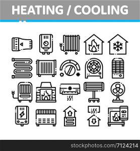 Heating And Cooling Collection Vector Icons Set Thin Line. Cool And Humidity, Airing, Ionisation And Heating Concept Linear Pictograms. Conditioning Related Black Contour Illustrations. Heating And Cooling Collection Vector Icons Set