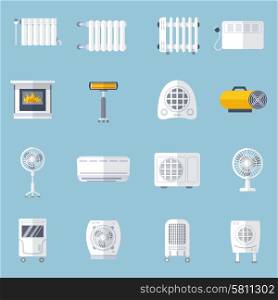 Heating and cooling conditioning flat icons set isolated vector illustration. Heating And Cooling Flat Set