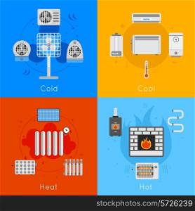 Heating and cooling flat icon set with coldly cool heat hot isolated vector illustration