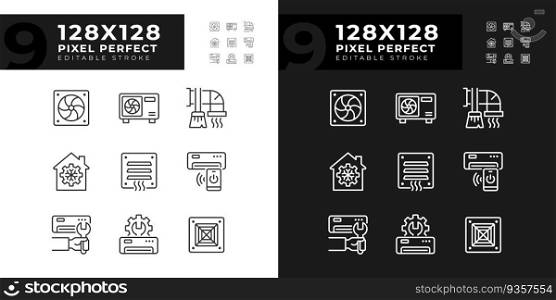 Heating and cooling linear icons set for dark, light mode. Ventilation system. Air conditioner. Temperature control. Thin line symbols for night, day theme. Isolated illustrations. Editable stroke. Heating and cooling linear icons set for dark, light mode