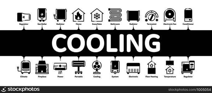 Heating And Cooling Minimal Infographic Web Banner Vector. Cool And Humidity, Airing, Ionisation And Heating Concept Linear Pictograms. Conditioning Related Contour Illustrations. Heating And Cooling Minimal Infographic Banner Vector