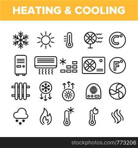 Heating And Cooling System Vector Linear Icons Set. Heating And Cooling Air Conditioning Outline Symbols Pack. Temperature Control Equipment. Radiator, Fan, Thermometer Isolated Contour Illustrations. Heating And Cooling System Vector Linear Icons Set