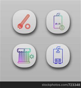 Heating app icons set. Electric and gas water heaters, heating boiler, industrial water heater. UI/UX user interface. Web or mobile applications. Vector isolated illustrations. Heating app icons set