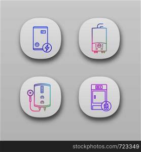 Heating app icons set. Electric boiler, gas and electric tankless water heater, solid fuel boiler. UI/UX user interface. Web or mobile applications. Vector isolated illustrations. Heating app icons set