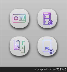 Heating app icons set. UI/UX user interface. Digital thermostat, solid fuel boiler, boiler room, electric water heater. Web or mobile applications. Vector isolated illustrations. Heating app icons set