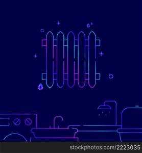 Heating battery radiator gradient line vector icon, simple illustration on a dark blue background, Plumbing related bottom border.. Heating battery radiator gradient line icon, vector illustration