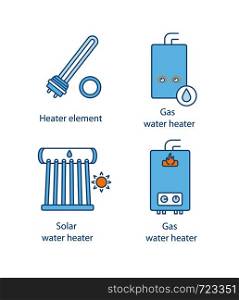 Heating color icons set. Electric and gas water heaters, heating boiler, industrial water heater. Isolated vector illustrations. Heating color icons set