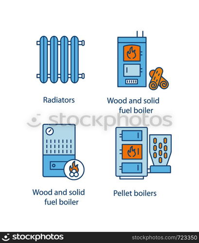 Heating color icons set. Radiator, firewood and pellet boiler, solid fuel heater. Isolated vector illustrations. Heating color icons set